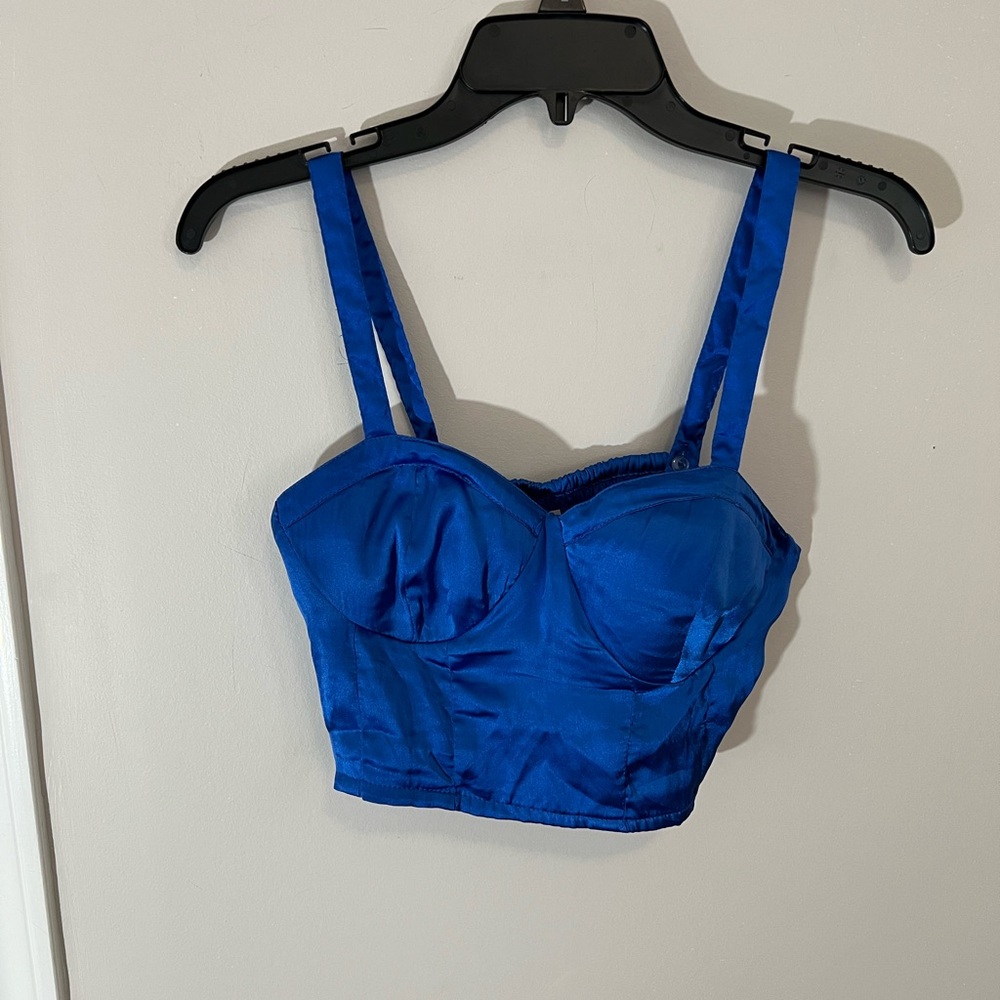 B.O.G. Collective Smocked Bustier Crop Top Blue Satin Sweetheart